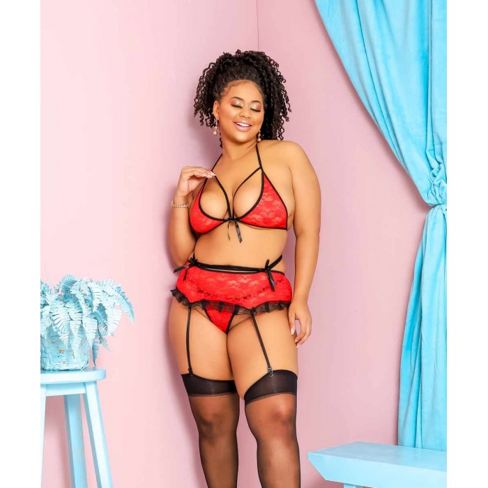 Conjunto Sensuale com cinta liga e meias GG preto com vermelho Conjunto Sensuale com cinta liga e meias GG preto com vermelho