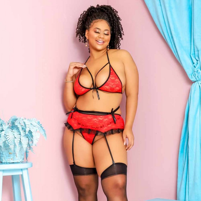 Conjunto Sensuale com cinta liga e meias GG preto com vermelho