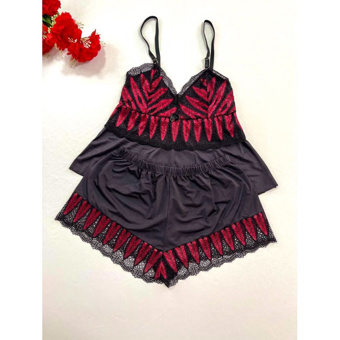 Baby Doll em Microfibra e Renda Preto com Vermelho Tamanho P Baby Doll em Microfibra e Renda Preto com Vermelho Tamanho P