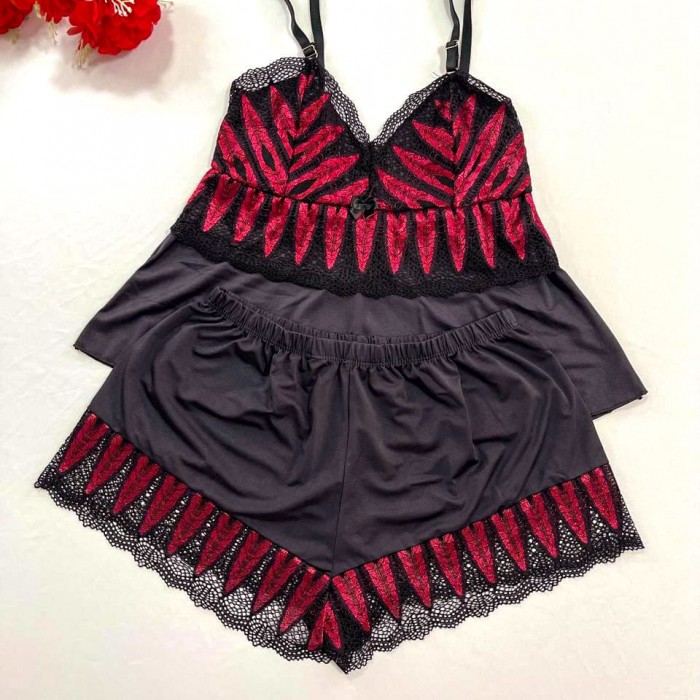 Baby Doll em Microfibra e Renda Preto com Vermelho Tamanho P