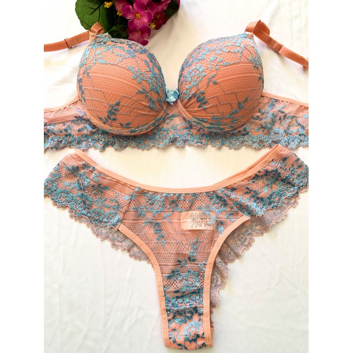 Conjunto Rendado Bicolor Rosa com Azul 