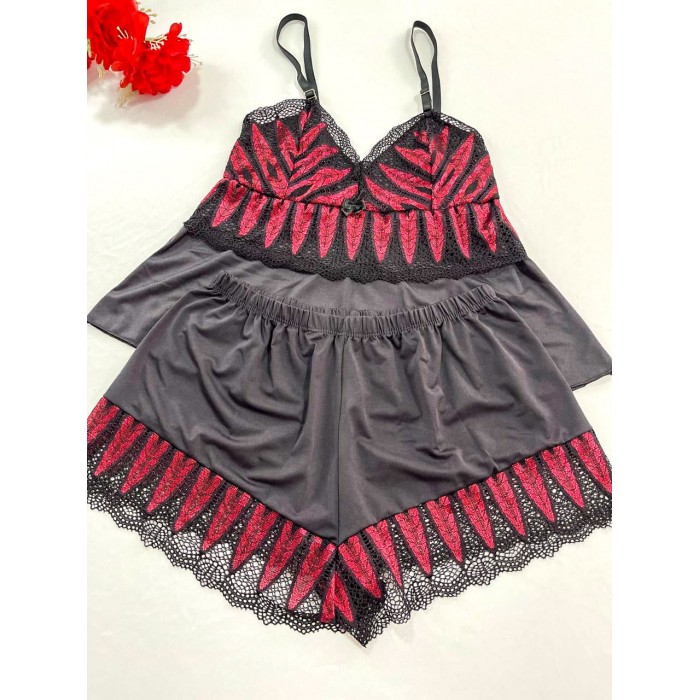 Baby Doll em Microfibra e Renda Preto com Vermelho Tamanho P