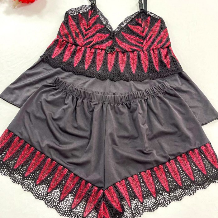 Baby Doll em Microfibra e Renda Preto com Vermelho Tamanho P