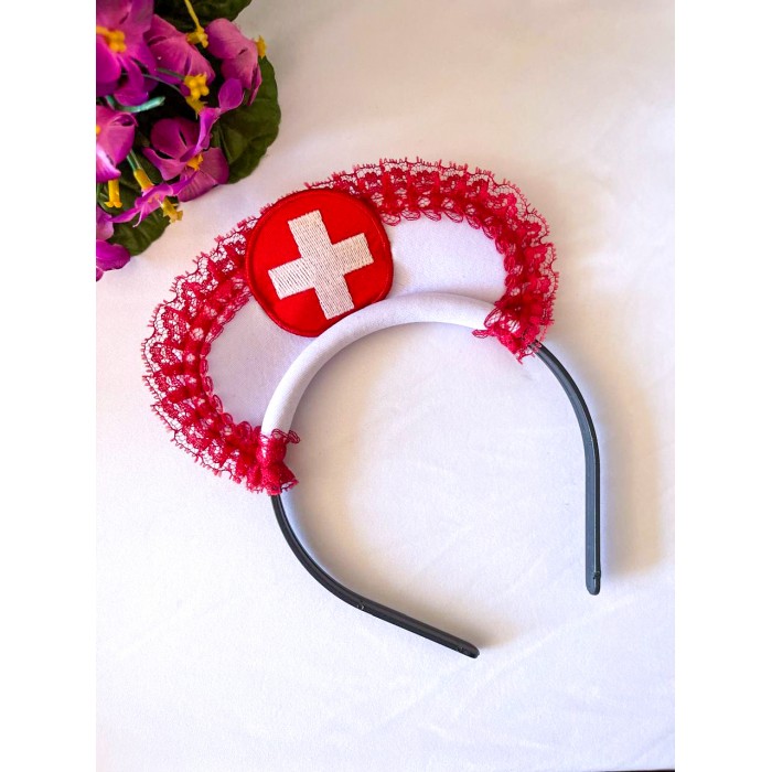 Tiara de Doutora Branco com Vermelho com detlahes em Renda