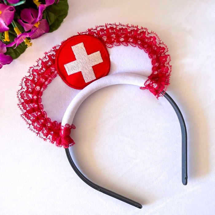 Tiara de Doutora Branco com Vermelho com detlahes em Renda