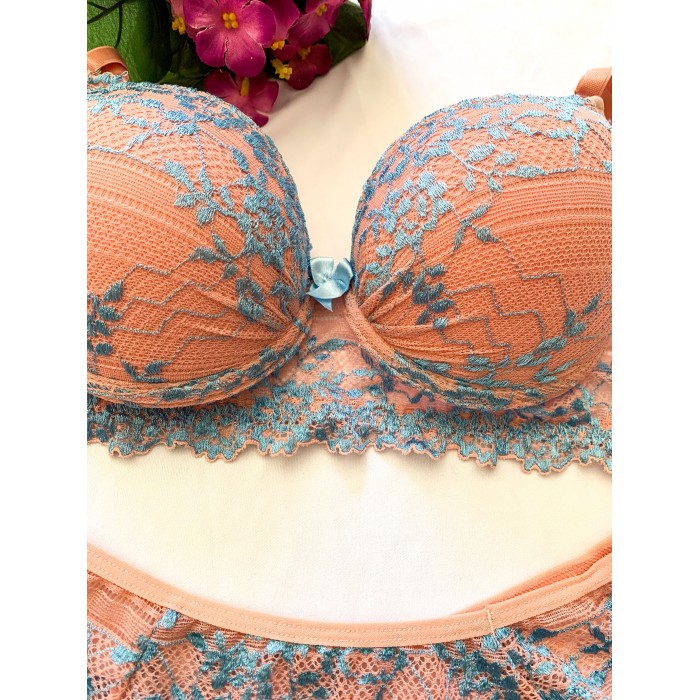 Conjunto Rendado Bicolor Rosa com Azul 