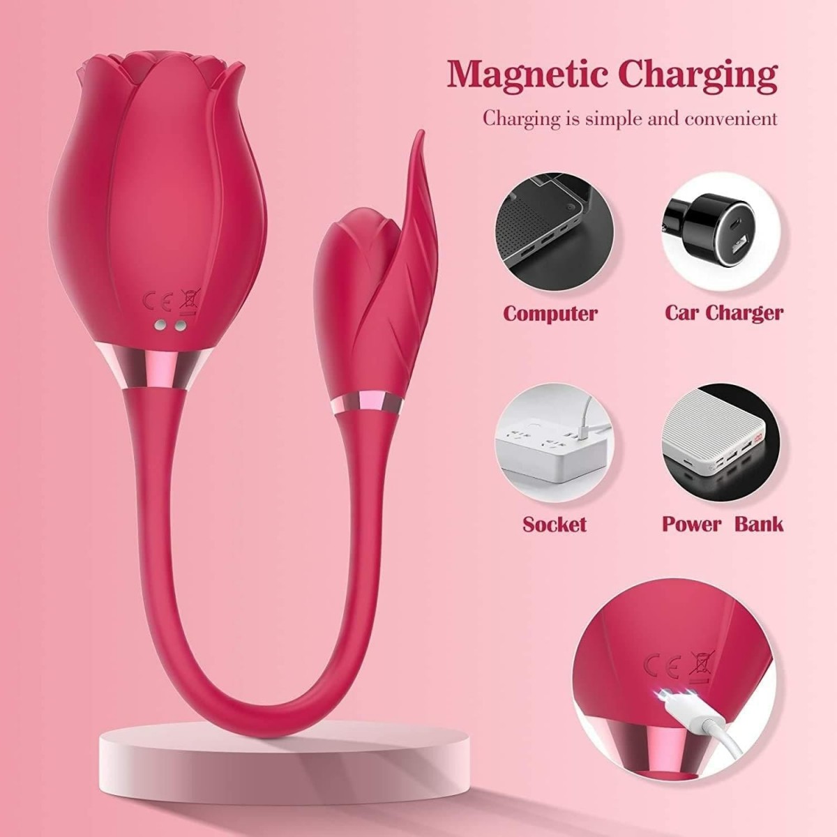 Vibrador Estimulador Clitoriano Duplo Flower Vibrador estimulador clitoriano duplo flower por onda de pressão em formato de rosa, e estimulador clitoriano com vibração em formato de folha, suas funções podem ser usadas juntas ou separadas. Vibrador Estimulador Clitoriano Duplo Flower